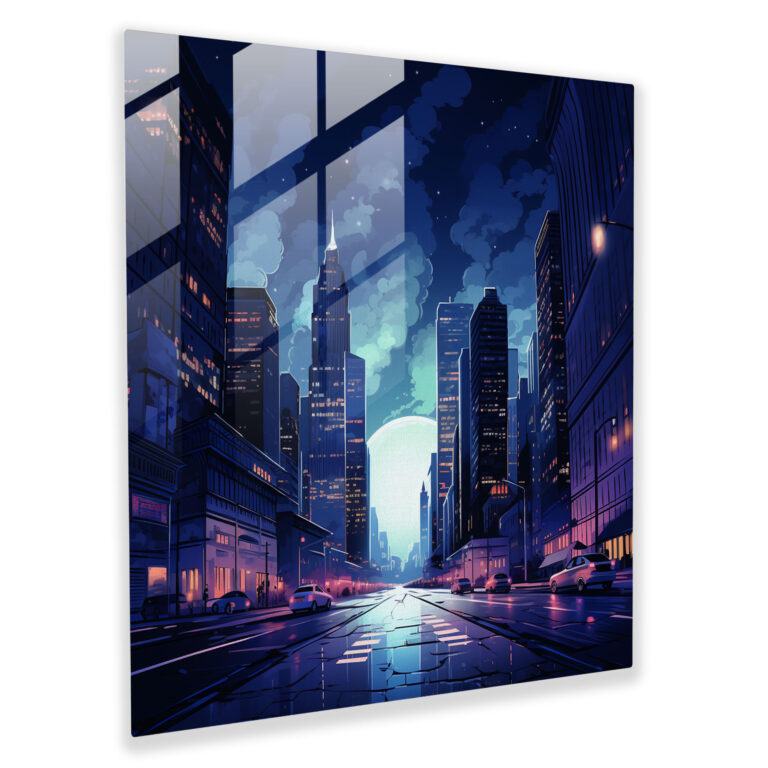 City Nights Navy Blue Glass Print - Navy Blue, Skyscrapers, Navy Blue, Night