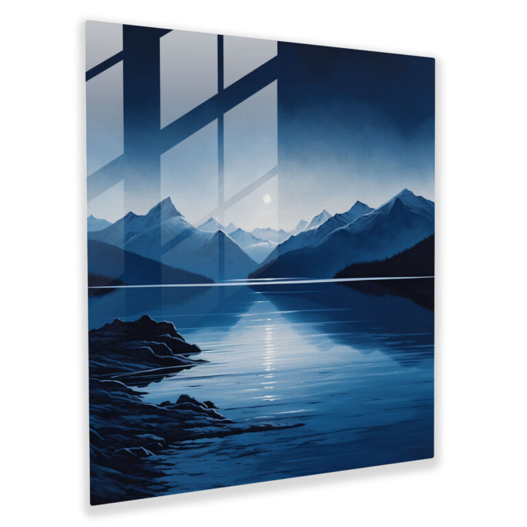 Mountain Reflections Navy Blue Glass Print - Navy Blue, Wall Decoration, Glass Art, Lake