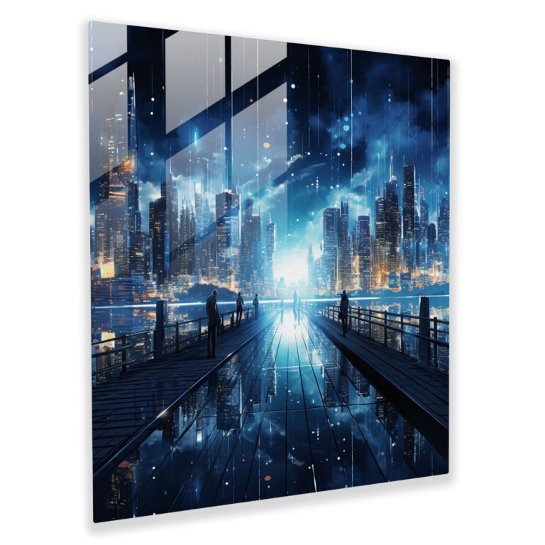 Navy Blue City Skyline Glass Print - Navy Blue, Modern Art, Wall Decoration, Glass Wall Art