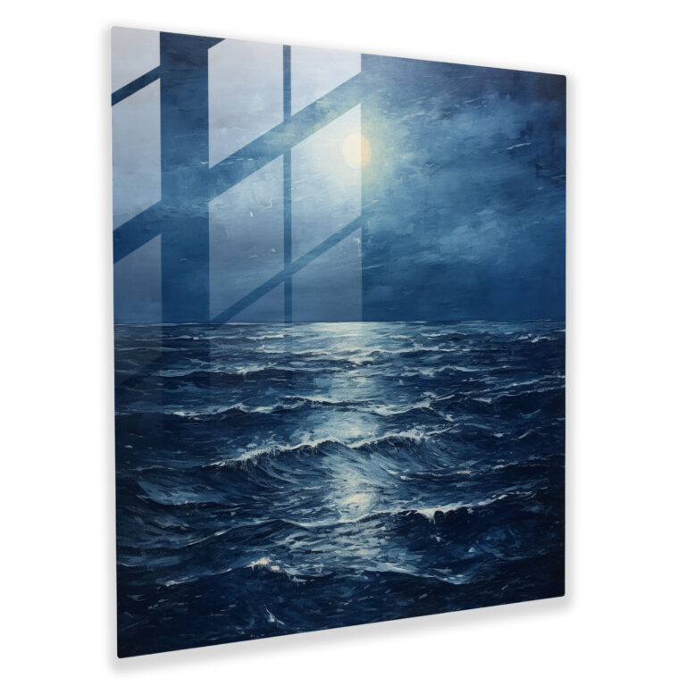 Navy Blue Moonlit Ocean Glass Print - Navy Blue, Glass Print, Glass Wall Art, Impressionist Landscape