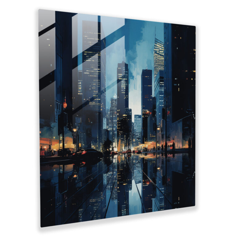 Dusk Cityscape Navy Blue Glass Print - Navy Blue, Contemporary, Dusk Cityscape, Glass Wall Art