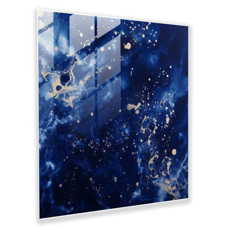 Starry Galaxy Navy Blue Glass Print - Navy Blue, Glass Art, Abstract Representation, Cosmic Wonders
