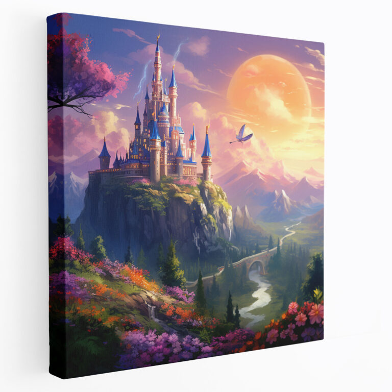 Nursery Wall Art: Magical Castle With Flowers - Nursery, Home Decoration, Butterflies, Canvas