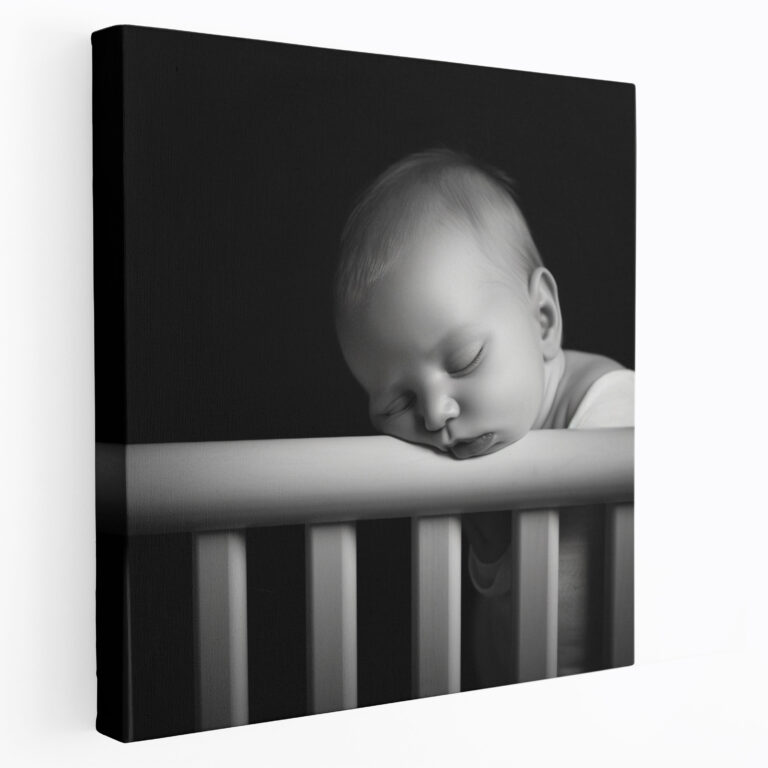 Nursery Minimalist Black And White Canvas Print - Nursery, Sleeping Baby, Nursery, Canvas