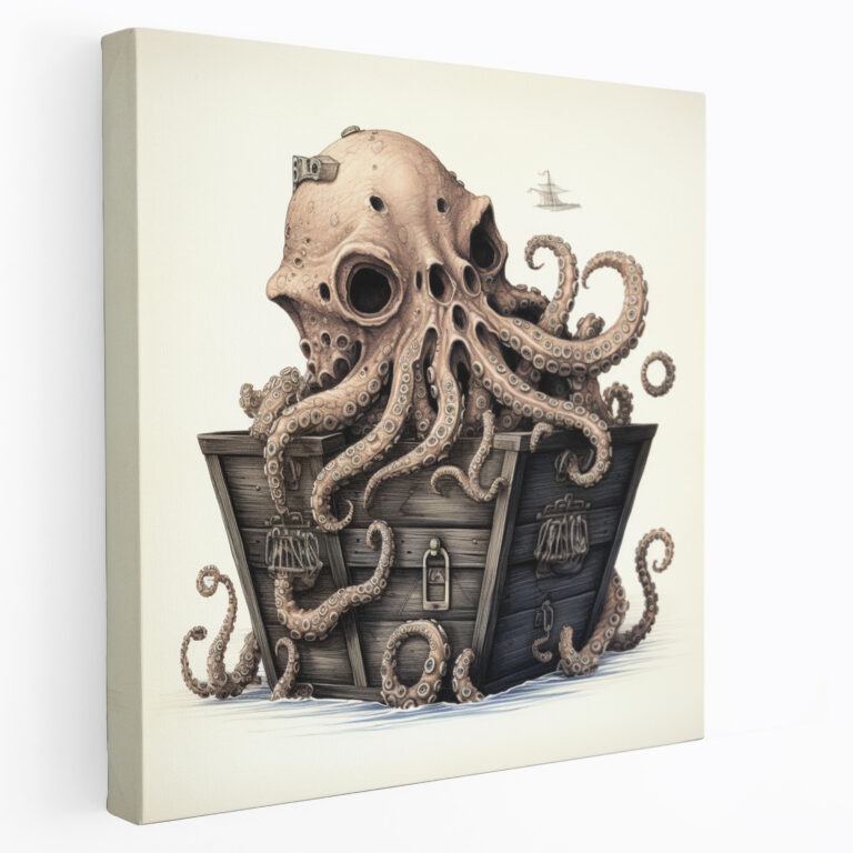 Octopus Wall Decoration - Whimsical Ink Drawing - Octopus, Treasure Chest, Intricate Tentacles, Home Decoration