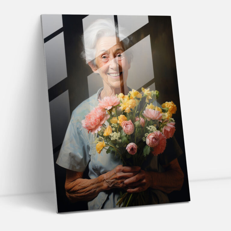 Old Peoples Glass Art - Old Peoples, Elegance, Elderly Woman, Bouquet Of Flowers