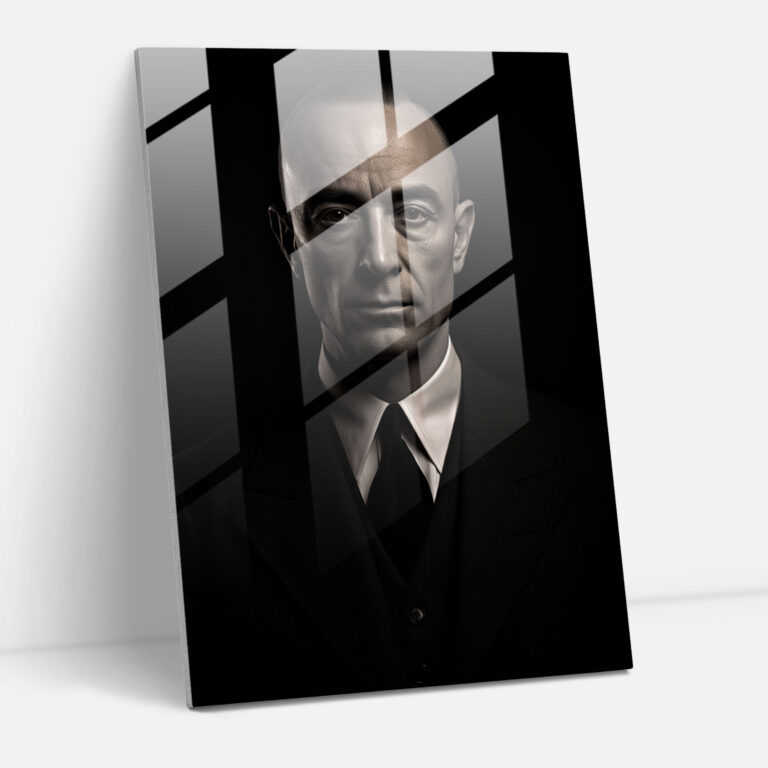 Contemporary Glass Print - Oppenheimer Portrait - Oppenheimer, Black And White Portrait, Home Decoration, Glass Print