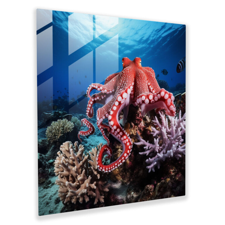 Octopus And Coral Glass Print - Octopus, Glass Wall Art, Home Decoration, Coral Reefs