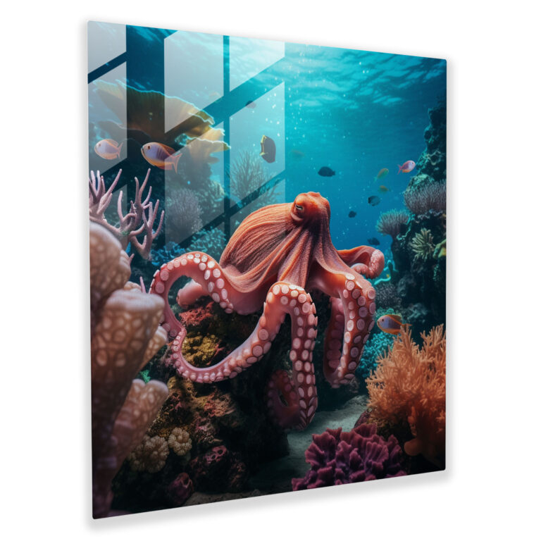Coral Garden Octopus Glass Print - Octopus, Underwater Paradise, Glass Wall Art, Wall Decoration