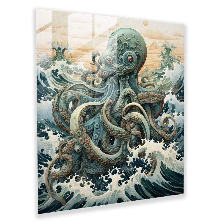 Ocean Waves Octopus Glass Print - Octopus, Calming, Wall Decoration, Modern Art