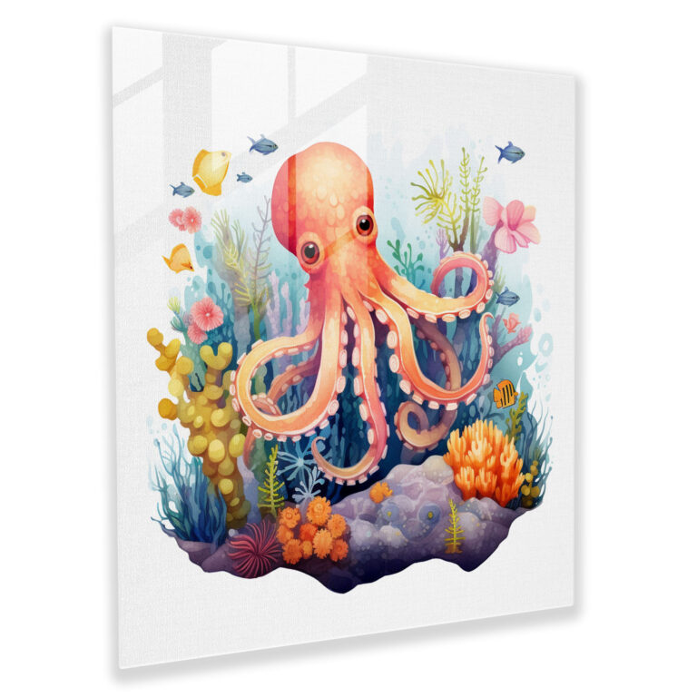 Octopus Glass Print - Watercolor Octopus Wall Art - Octopus, Modern Art, Glass Art, Octopus
