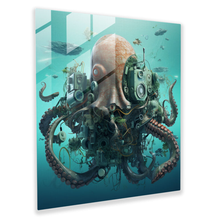 Octopus Glass Print - Digital Collage Octopus Wall Art - Octopus, Glass Art, Modern Art, Glass Wall Art