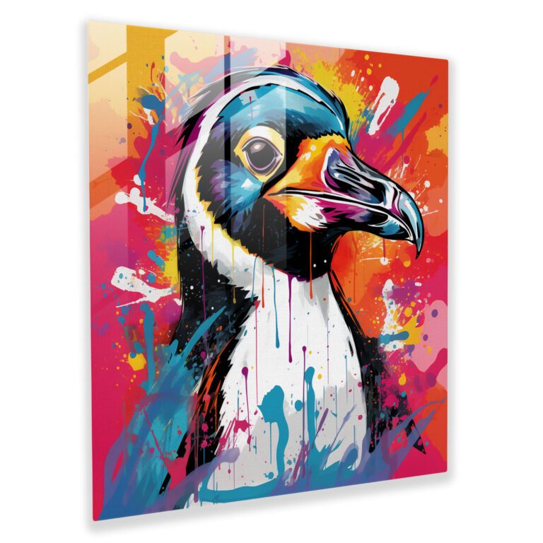Penguin Glass Print - Pop Art Illustration, Wall Decoration - Penguin, Comic Book Elements, Penguin, Vibrant Colors