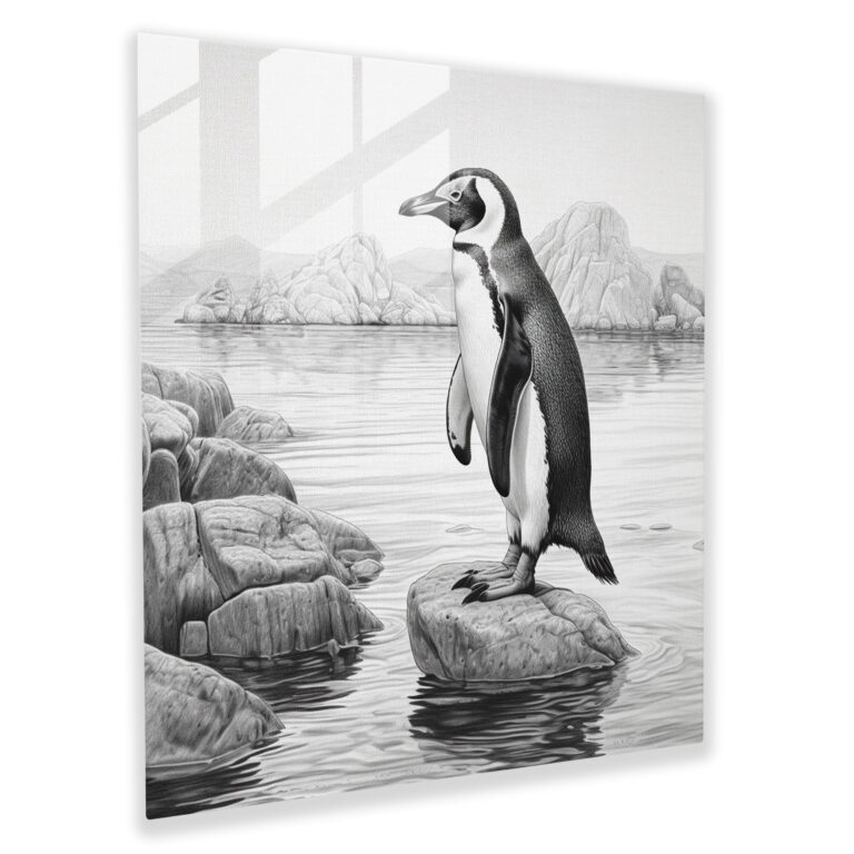 Penguin Glass Print - Realistic Pencil Drawing, Home Decoration - Penguin, Penguin, Gracefully Waddling, Glass Print