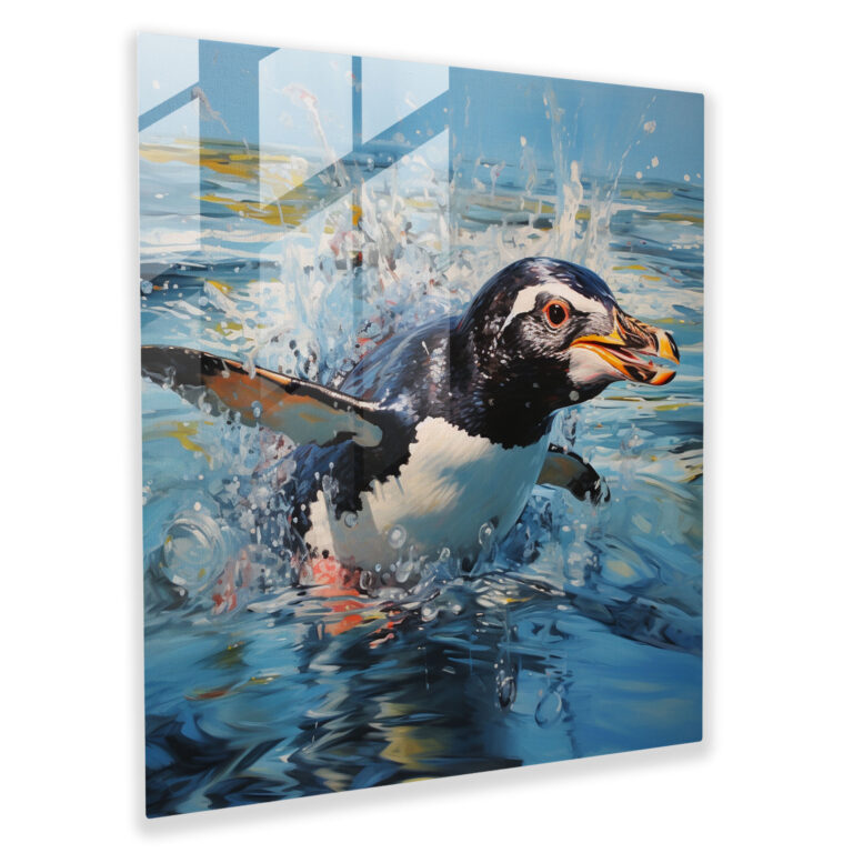 Contemporary Penguin Glass Art - Penguin, Crystal Clear Sea, Dynamic Composition, Glass Print