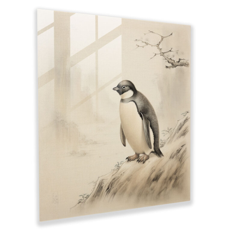 Tranquil Penguin Glass Print - Penguin, Graceful Depiction, Home Decoration, Japanese Ink Painting