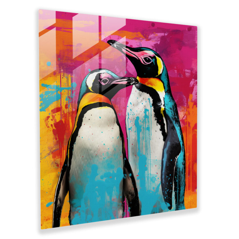 Playful Penguins Glass Print - Penguin, Bright Colors, Glass Art, Glass Wall Art