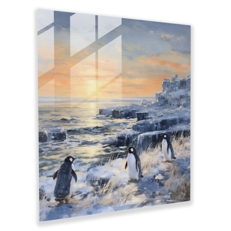 Tranquil Winter Penguins Glass Wall Art - Penguin, Impressionist Painting, Home Decoration, Modern Art