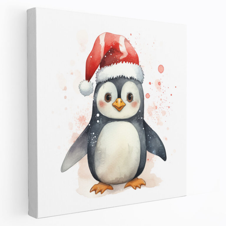 Penguin Canvas Print - Cute Watercolor Penguin With Santa Hat - Penguin, Wall Art, Watercolor Penguin, Penguin Wall Art