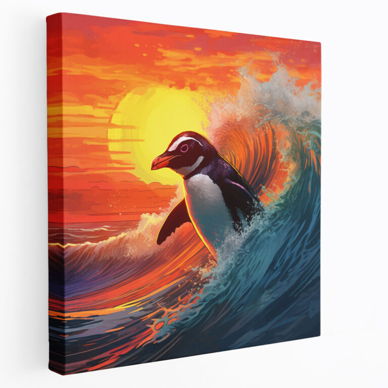 Penguin Canvas Print - Vibrant Digital Artwork Of Surfing Penguin - Penguin, Canvas Wall Art, Colorful Sunset, Penguin Wall Art
