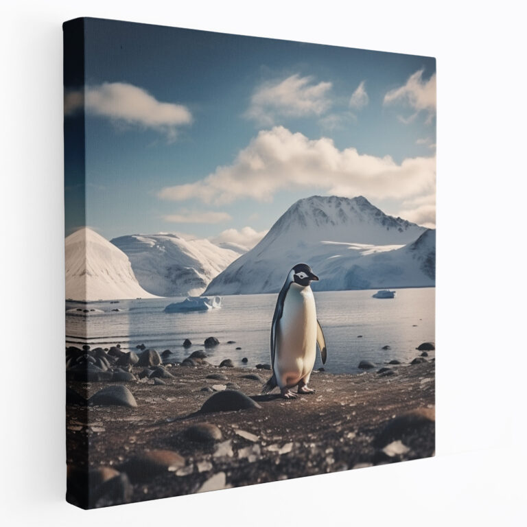 Penguin Canvas Print - Serene Penguin On Snowy Beach Photograph - Penguin, Serene Penguin Photograph, Mountains, Wall Art