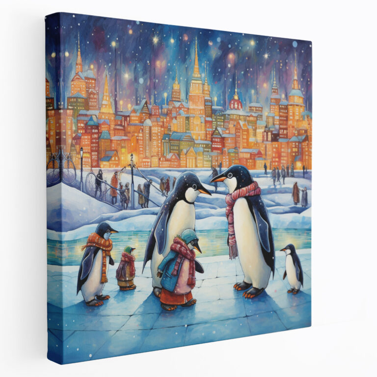 Penguin Canvas Print - Whimsical Ice Skating Penguins - Penguin, Winter Wonderland, Wall Decoration, Cheerful