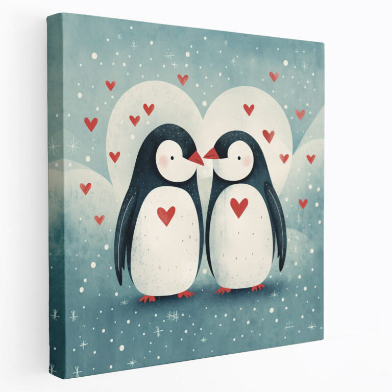 Penguin Canvas Print - Whimsical Heart Penguins - Penguin, Charming, Wall Decoration, Cartoon-Like Illustration