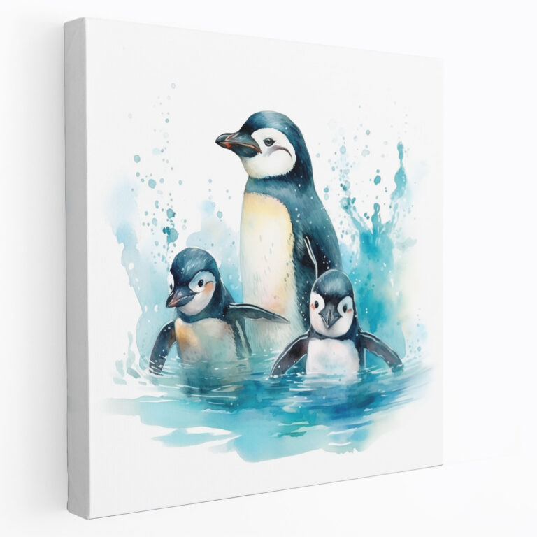 Penguin Wall Art - Cute Penguin Family In Watercolor - Penguin, Canvas Print, Crystal Clear Waters, Penguin