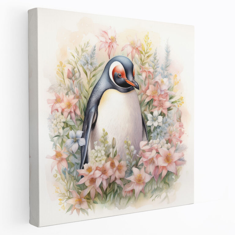 Penguin Wall Art - Botanical Penguin Haven - Penguin, Nature-Inspired, Lush Flowers, Wall Art
