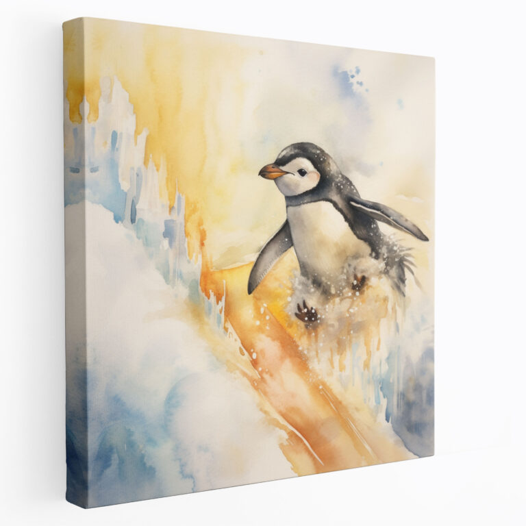 Sliding Penguin Canvas Print Wall Art - Penguin, Carefree Spirit, Vivid Colors, Home Decoration