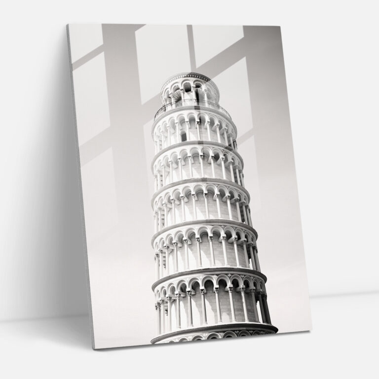 Leaning Tower Of Pisa Glass Wall Art - Leaning Tower Of Pisa, Close-Up Shot, Minimalist Black And White Photograph, Glass Art