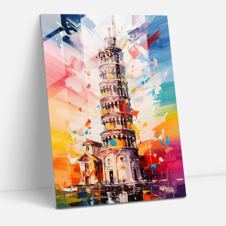 Leaning Tower Of Pisa Abstract Expressionist Glass Print - Leaning Tower Of Pisa, Home Decoration, Vibrant Colors, Wall Decoration