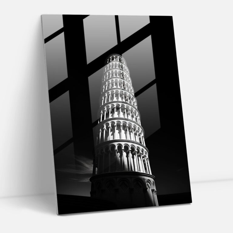 Leaning Tower Of Pisa Glass Wall Art - Leaning Tower Of Pisa, Glass Wall Art, Glass Art, Minimalist Black And White Composition