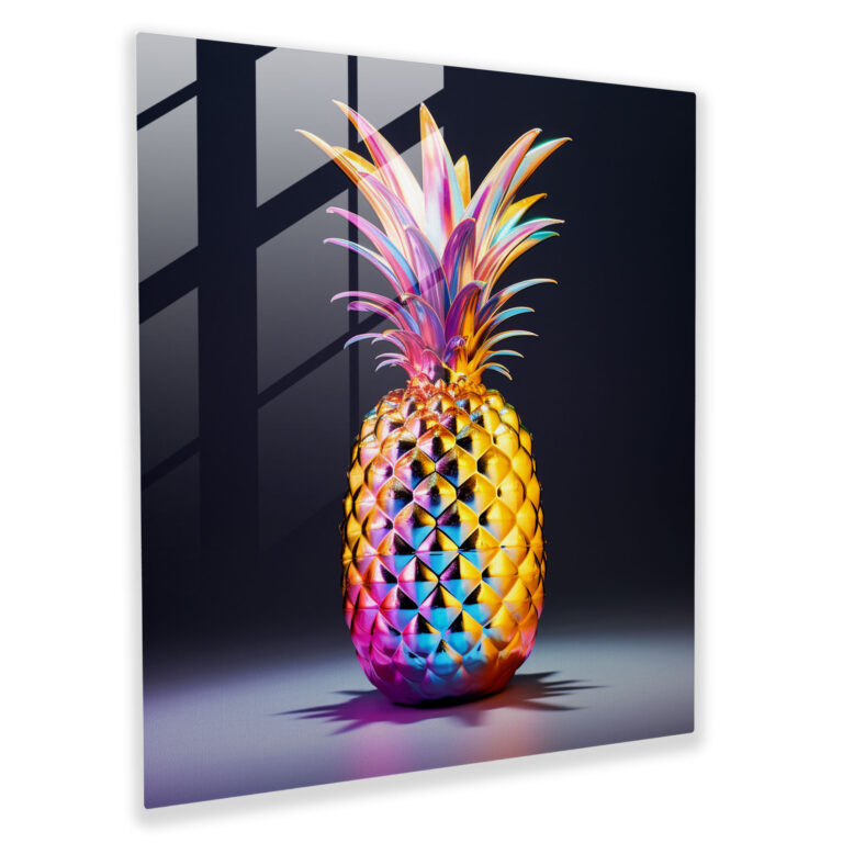 Holographic Pineapple Futuristic Glass Print - Pineapple, Holographic Effect, Glass Wall Art, Futuristic