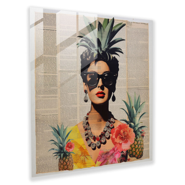 Vintage Collage Pineapple Glass Print - Pineapple, Glass Art, Wall Decoration, Modern Art
