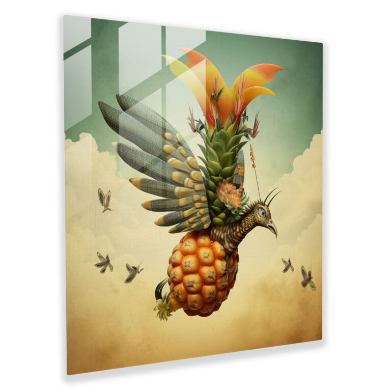 Flying Pineapple Glass Print - Pineapple, Surreal Collage, Soaring, Imaginative