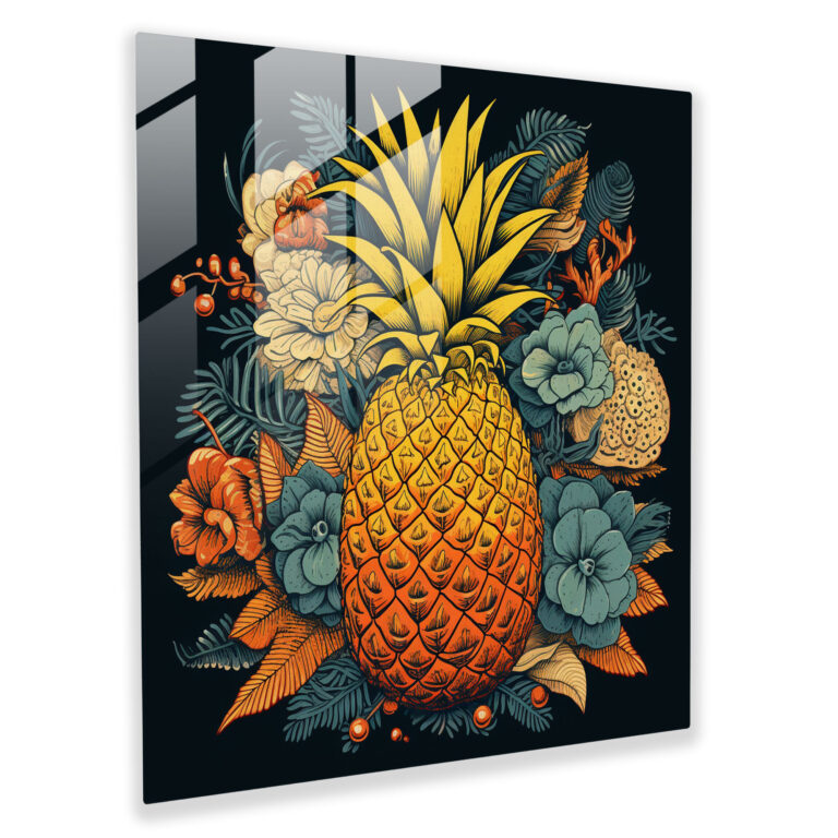 Botanical Pineapple Glass Print - Pineapple, Contemporary Illustration, Botanical Elements, Glass Art