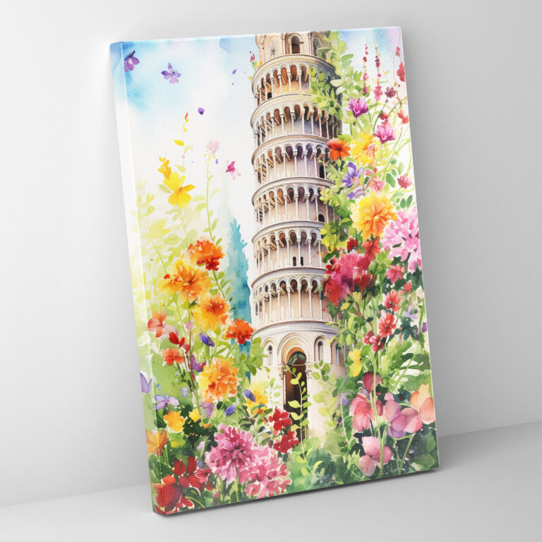 Leaning Tower Of Pisa Watercolor Canvas Print - Leaning Tower Of Pisa, Vibrant Flowers, Wall Art, Wall Decoration