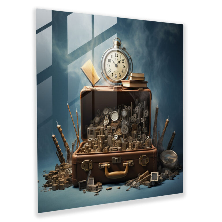 Pulp Fiction Glass Print: Surreal Melting Clock And Vintage Suitcases - Pulp Fiction, Melting Clock, Glass Wall Art, Glass Art