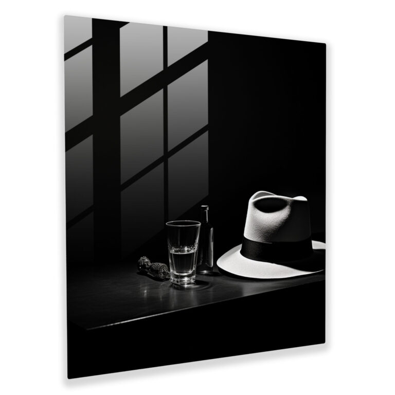 Pulp Fiction Glass Print: Minimalist Fedora Hat And Whiskey - Pulp Fiction, Pulp Fiction, Minimalist Design, Fedora Hat