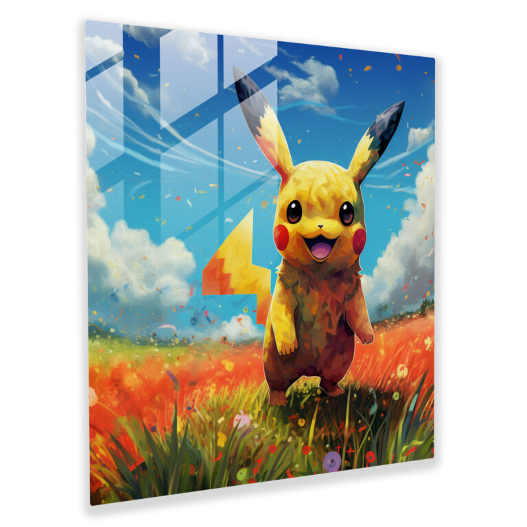 Pokemon Glass Print: Pikachu On Grass Field - Pokemon, Vibrant Colors, Pikachu, Home Decoration