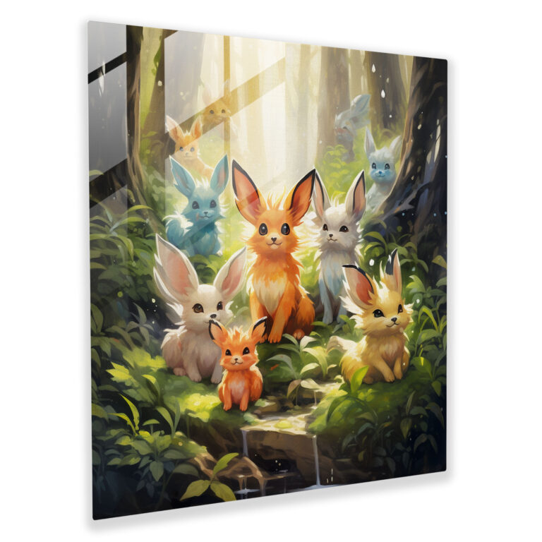 Pokemon Glass Print: Eevee Evolutions In Forest - Pokemon, Watercolor Painting, Glass Wall Art, Glass Print