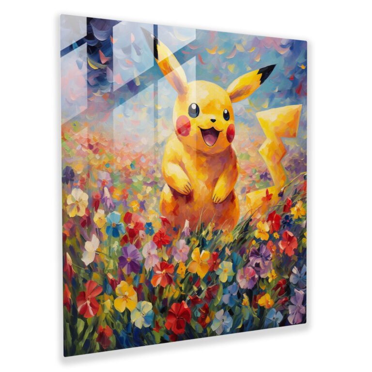 Pokemon Glass Print - Impressionist Pikachu - Pokemon, Home Decoration, Colorful Flowers, Glass Wall Art
