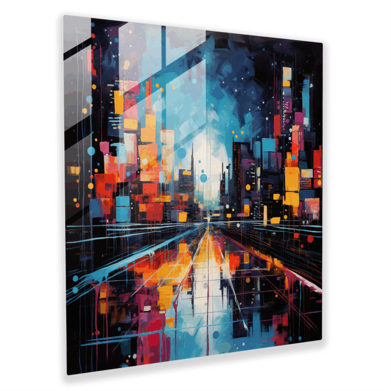 Luminous Brushstroke Glass Print - Futuristic Night Cityscape Glass Wall Art - Modern Home Decoration