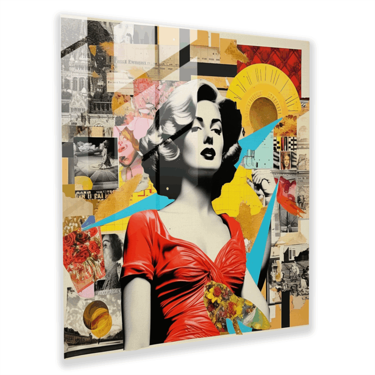 Captivating Glass Print of Collage Art Iconic Images and Retro Aesthetics - Modern Artwork for Glass Wall Decoration