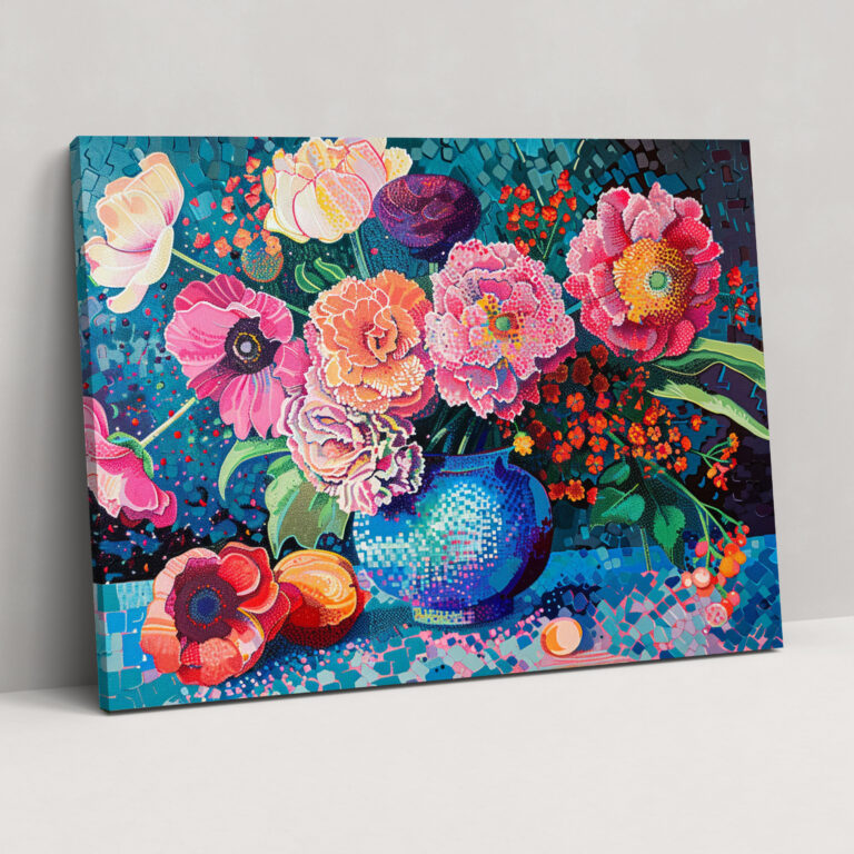 Vibrant Floral Still Life Wall Art - Pointillism, Canvas Wall Art, Pointillism, Home Decoration
