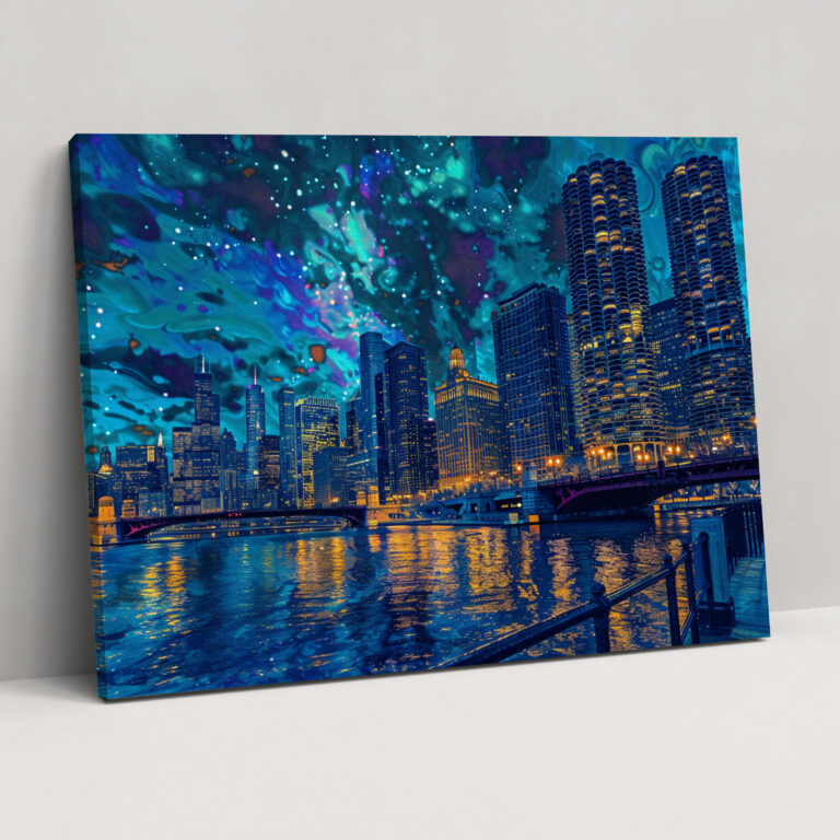City Skyline Night Pointillism Canvas Print - Pointillism, Pointillism, City Skyline, Wall Art