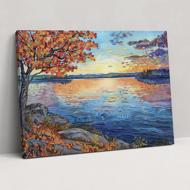 Lakeside Pointillism Wall Art - Pointillism, Serene Lakeside Landscape, Wall Art, Sunset
