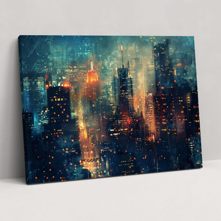 City Skyline Pointillism Wall Art - Pointillism, Night Lights, Dynamic City Skyline, Wall Art