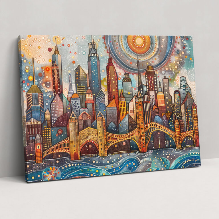 City Skyline Pointillism Canvas Print Wall Art - Pointillism, Canvas, Wall Decoration, Wall Art